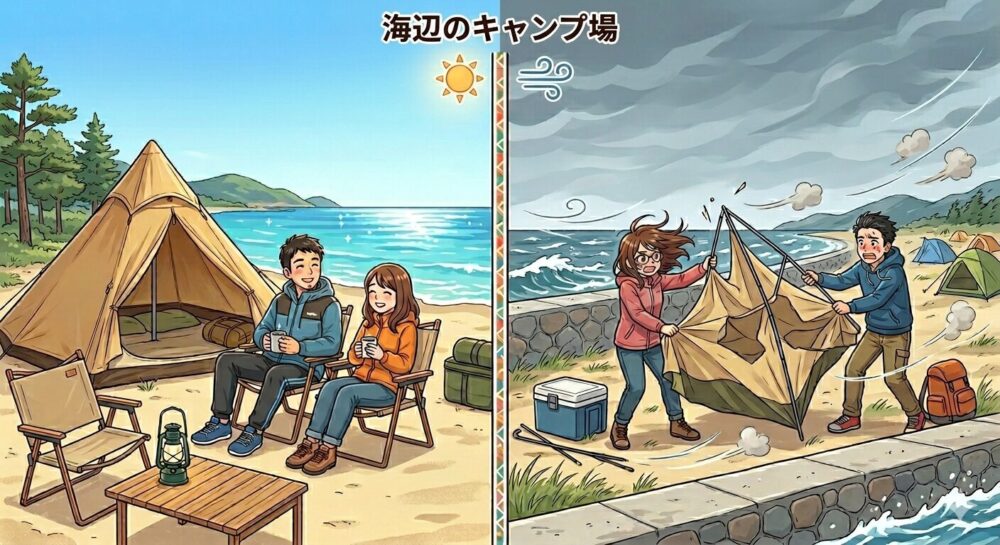あずり浜キャンプ場イラスト(向き不向き)