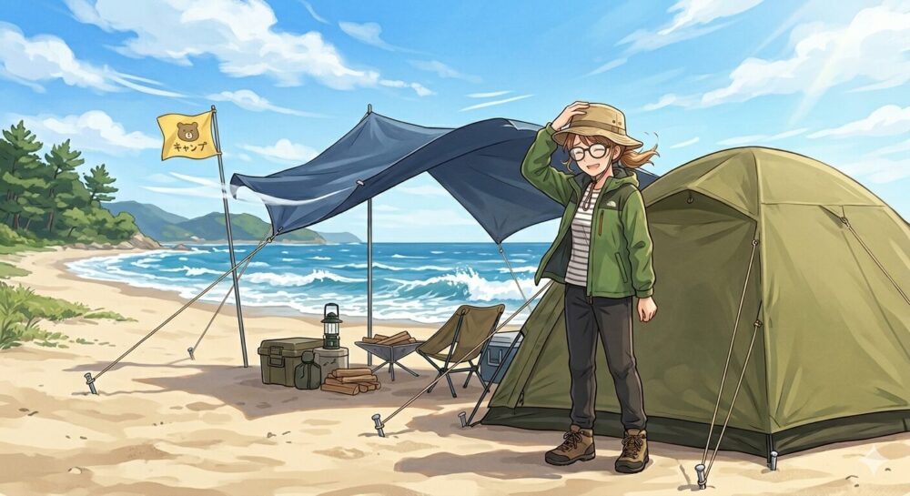 あずり浜キャンプ場の強風イラスト