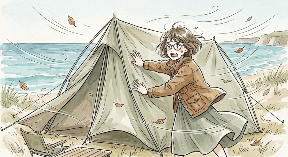休暇村南淡路キャンプ場の強風イラスト